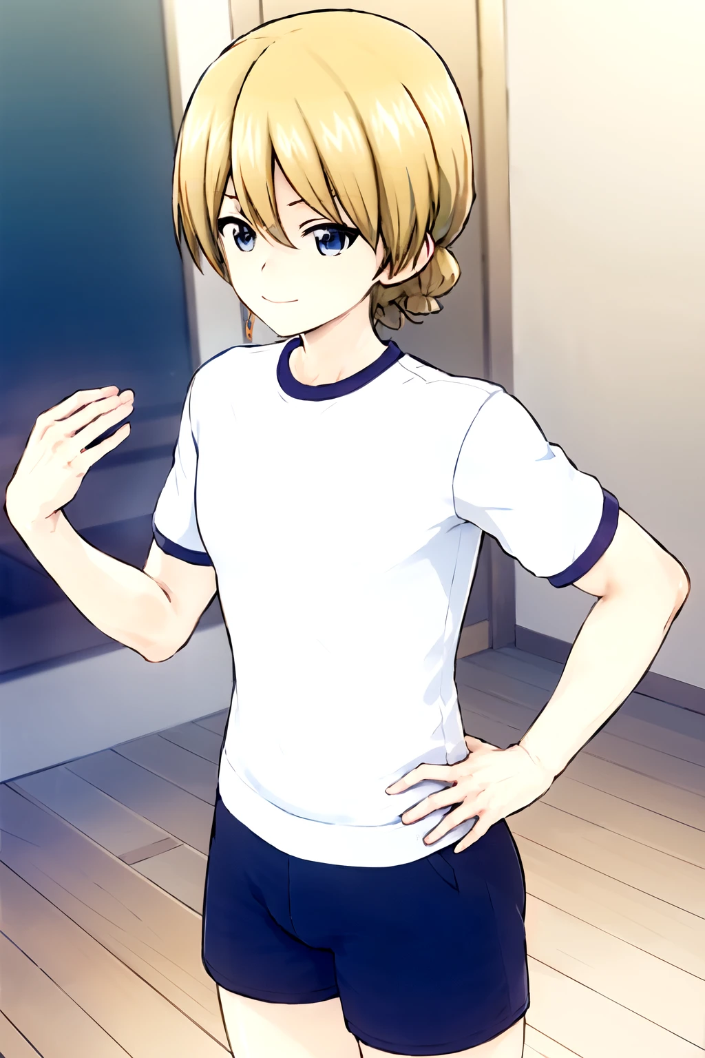 anime boy in a room, solo, seductive anime boy, attractive anime boy, tied blond boy, Blue-eyed boy, thick, boy wearing black sports bra, Wearing black shorts, cool sportswear, cute sportswear, anime boy, Also, anime moe art style, anime husband, male protagonist , an anime boy, From Dolls Frontline, play sports often, cute anime boy, (anime boy), pretty anime boy, cool anime boy,