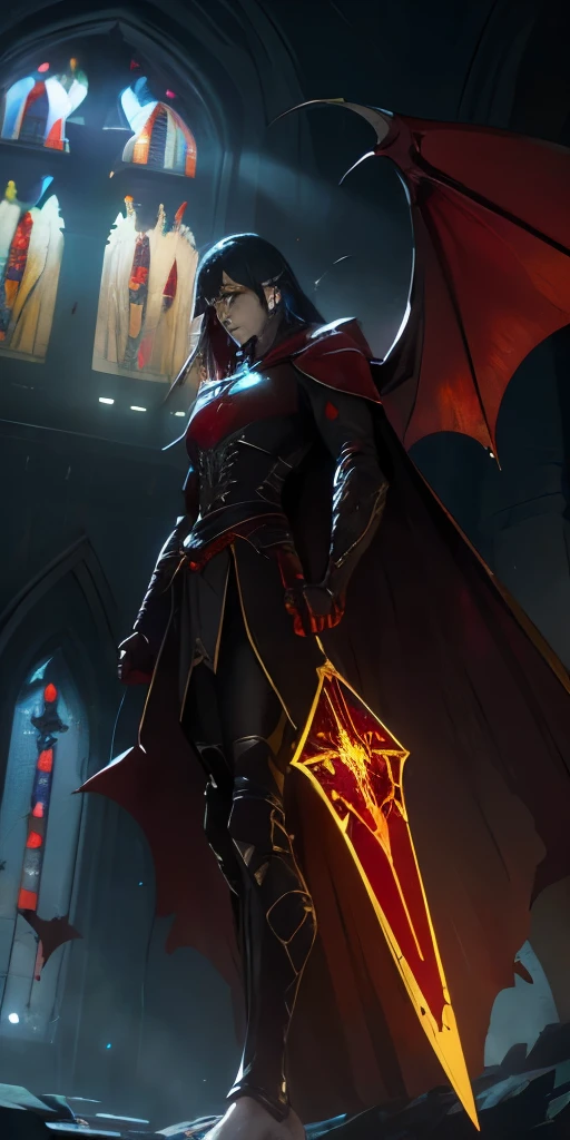 low angle, from below, paladin vampire warrior, legwear, glowing yellow eyes, collar, barefoot, demonic wings, pauldrons, halo, eye focus, red cape, temple indoors, decorations, stained glass windows, night, particles, chromatic aberration, detailed, cinematic, dark scene, fantasy, blood splatter, bloodstains