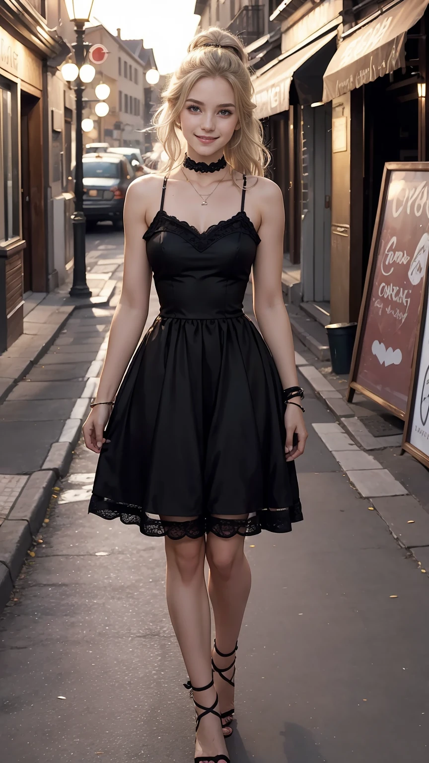 22 year old white female、hair color is blonde、eye color is blue、long hair、setting hair、Have a ponytail、accessories on wrist、I'm wearing a choker、skin is smooth、smile、Slender but muscular body、My heart is pounding、high resolution、Skin is shiny、Wearing a princess dress、I'm wearing lace-up sandals、I'm in an alley in the old town、smile、hands on street lamps