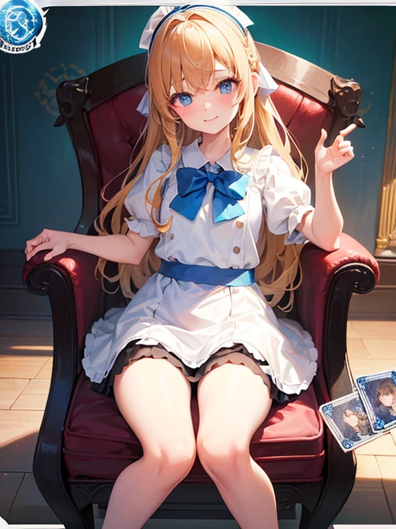 photo realistic, (masterpiece,best quality:1.4),(8k,raw photo,photo realistic:1.2), detailed skin, detailed face,1girl,Japanese idol,cute face, little girl, Not Safe for Work, (raw photo, photo realistic: 1.2),
1 girl in, length hair, blue eyes, blonde hair, light smile, ((shiny wavy hair)), diadems, sitting on, A pose where can you be seen from below, doress, the bow, the card, gothic dresses, shairband, playing cards, looking at the viewers, shortsleeves, the bow hair, blue shairband, a smile, red blush, hand on own face , Blue Doress, Alice (Alice in Wonderland), Hair Between Eyes, A Chair, White Panties Hose, ((Blue the Bow)), A Throne, Puffy Sleeves, Put Your Hand on Your Cheek, Bangss, Apron Dress, shortsleeves, ((Blue bow ribbon)), long hair, (mini crown), foot out of frame, frilld, white gothic dresses,: q, masterpiece, top-quality, (worn skirt, twat, camel's toe)), not safe for work, Little Girl, child, 14 yo, braided bangs,
(((trading card))), clock, wonderland,movement,