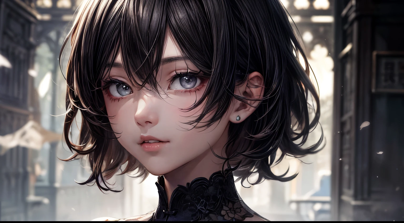 1girl in, (((shorth hair))), jugendstil,(masterpiece, top-quality, Near and far law, depth of fields:1.5), beautiful countenance, 8k, Raw foto, HDR, Photorealsitic, film grains, chromatic abberation, hight resolution, ultra-detailliert, finely detail, 动态照明, Dramatic lighting、shadowy、extremely detailed eye and face、Round pupils、Realistic pupils、clean back ground