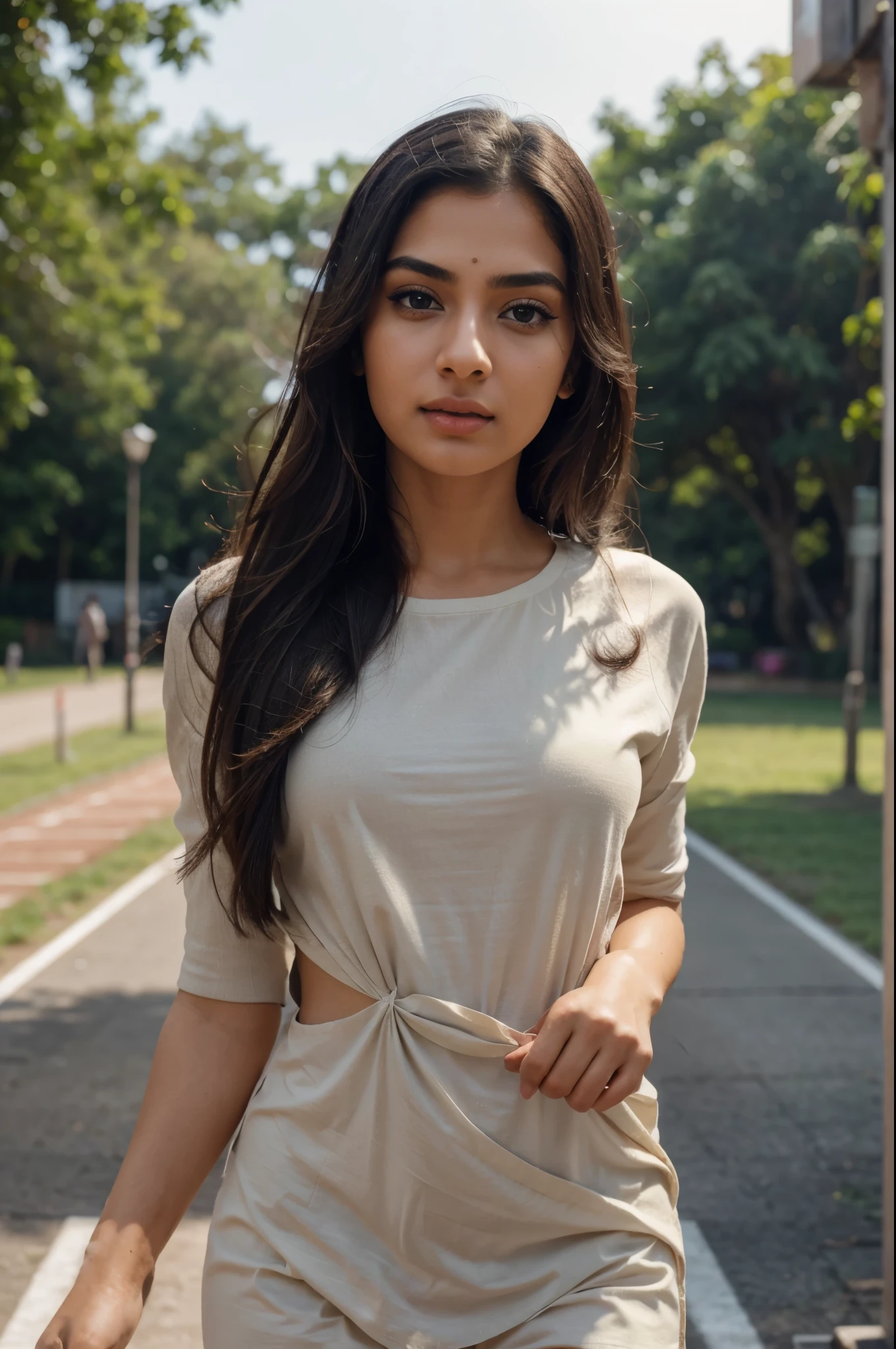 ultra-realistic photographs,Indian Instagram female model,mid 20s,9:16,mid-shot,beautiful detailed eyes,detailed lips,longeyelashes,black pull up and tied hair, naturally full eyebrows,perfectly formed nose,expressive face,attractive appearance,confident and elegant posture,graceful movement,vibrant and track dress, trackfield background, serene atmosphere,stunning architecture,soft and natural lighting,vivid colors,photorealistic,HDR,highres,studio lighting,ultra-detailed,bokeh,fully covered clothes