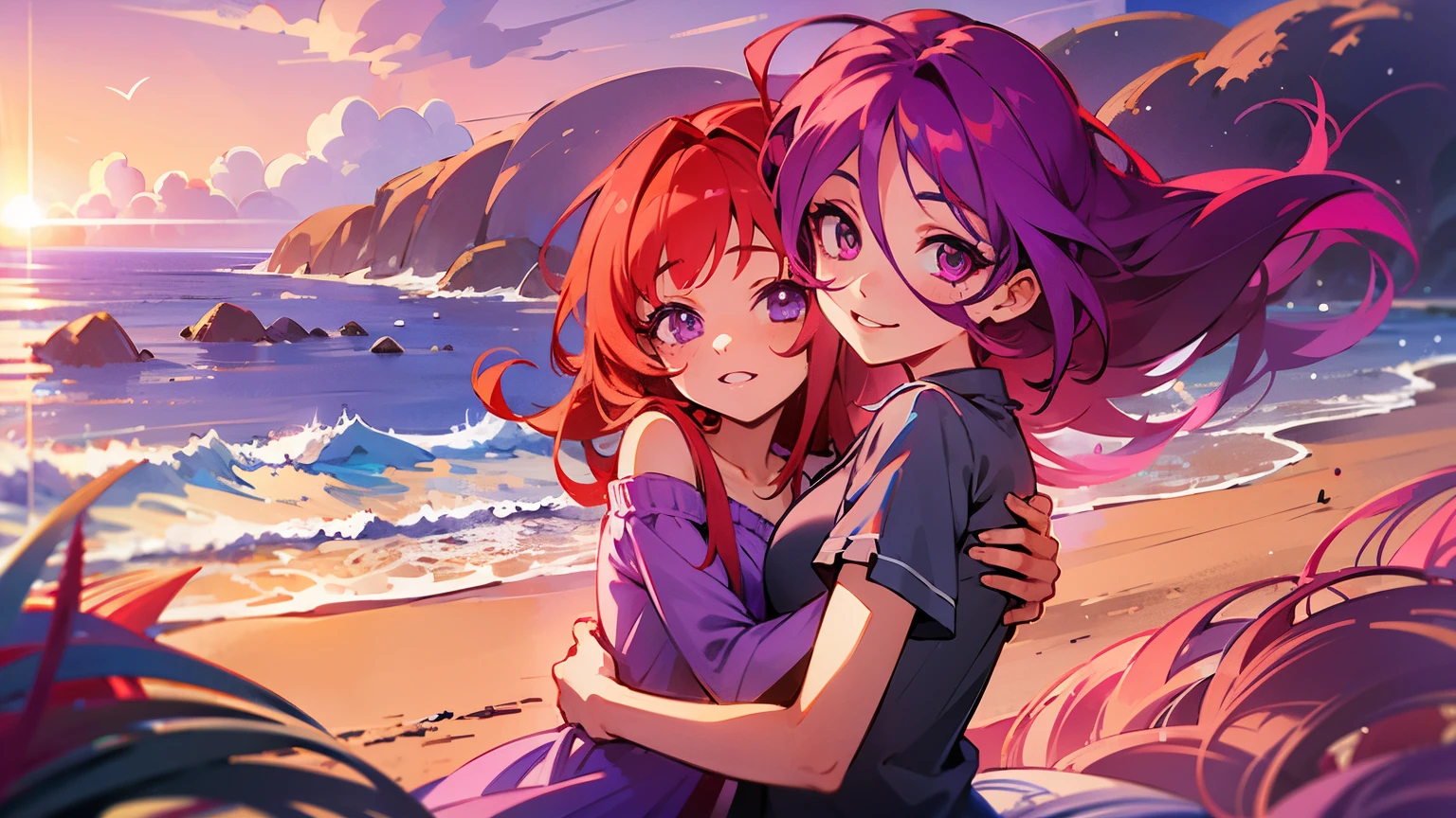 A girl with purple hair and purple eyes hugs a girl with long red hair and red eyes.，8K resolution，beach，seaside，Sunset，