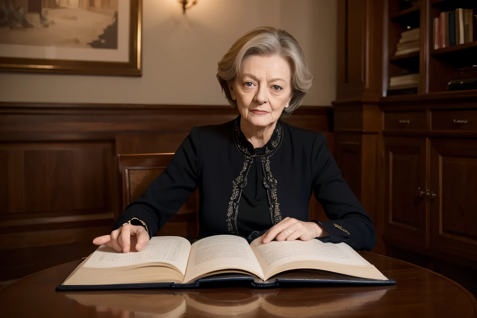 Professor Minerva McGonagall played by Maggie Smith is working,,hyper-realistic,meticulous portrait