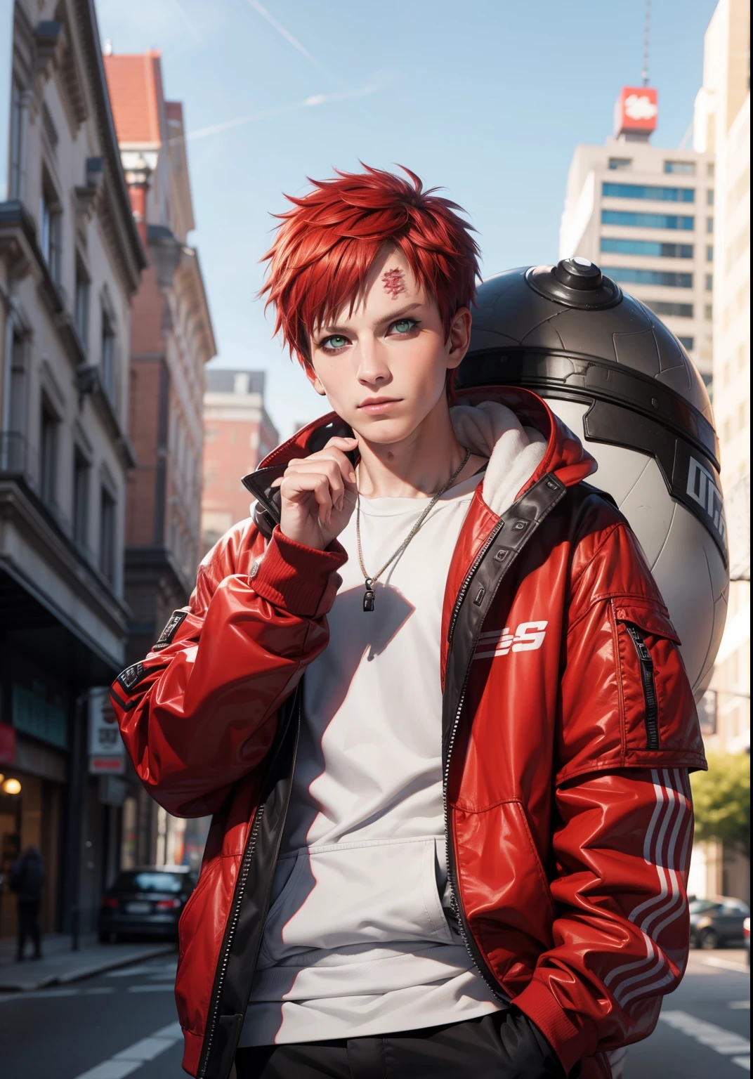 masterpiece, ultra-detailed, 1boy, male focus, upper body shot, Gaara wearing Streetwear Hoodie, red hair, look at viewer, happy face, Hands in pockets, vibrant colors, cityscape background, dinamic lighting, highly detailed face, stylish, urban style, cool attitude, bokeh, blurry background,