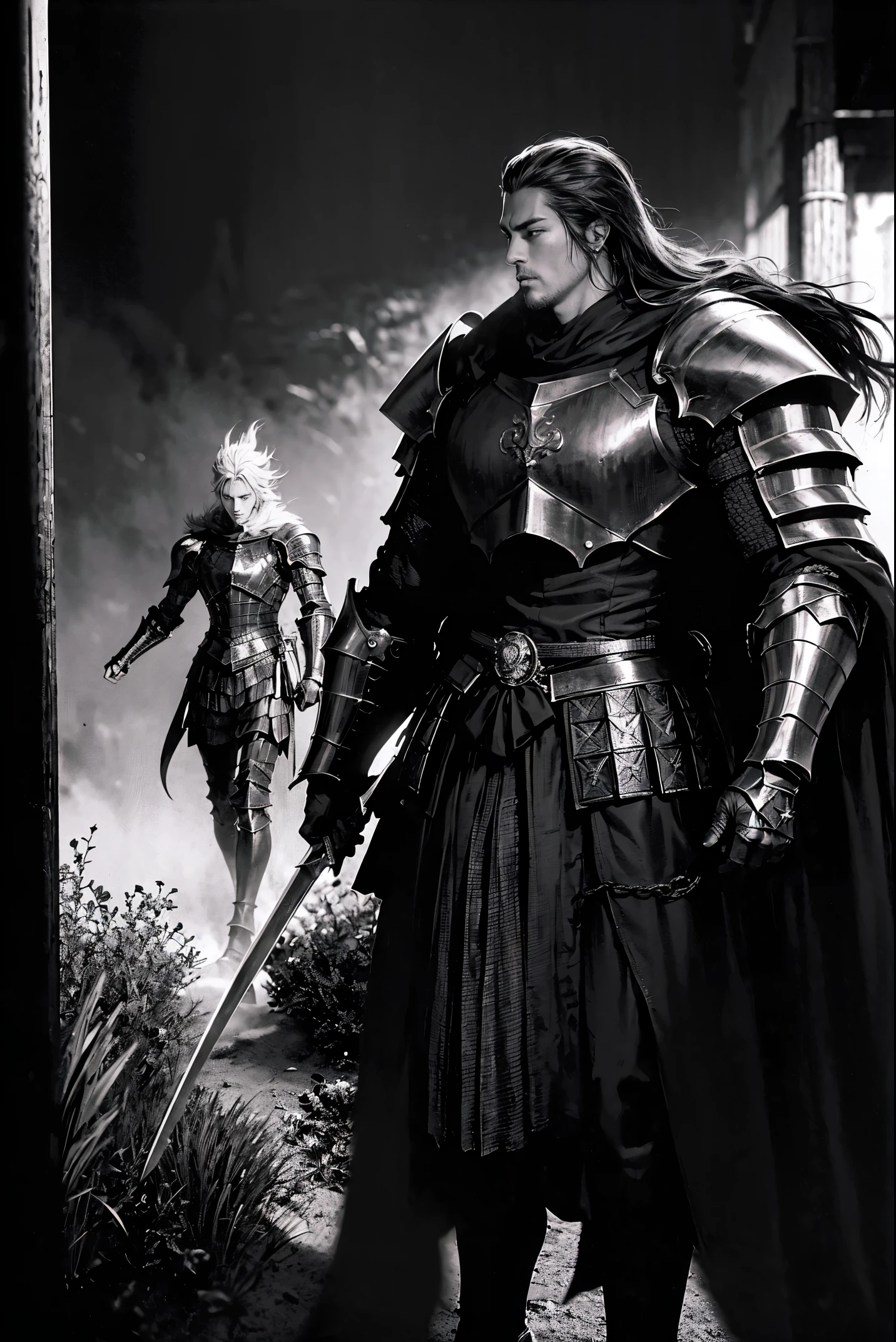 highres,[manga style,anime style],knight dark figure,sword,moonlight,heavy armor,intense eyes,contrasting shadows,sharp details,dramatic pose,ethereal background,mystical atmosphere,vibrant colors,comic book aesthetics,expressive lines,action-packed scene,heroic silhouette,dynamic composition