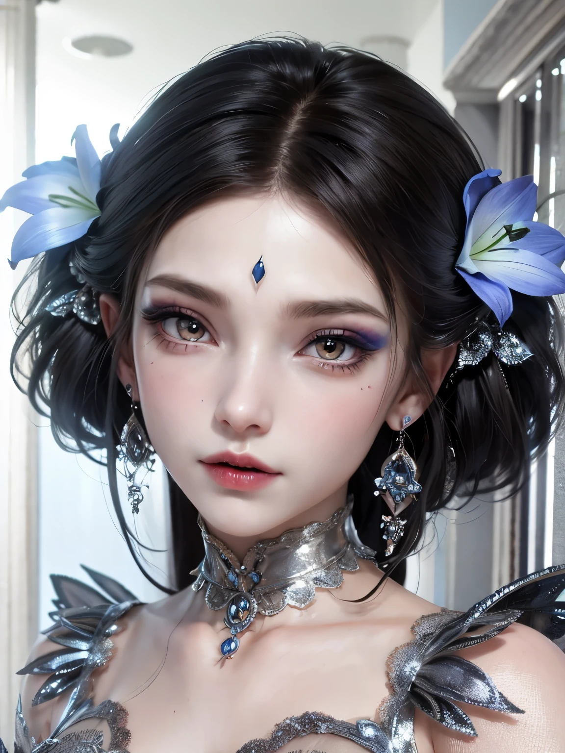 one wearing a silver dress、Close-up of woman with a flower in her hair, Huge earrings and queer make up, ethereal beauty, The look of a fairy, giant earrings, Sexy face with complete makeup, 2 0 2 0 fashion, Huge earrings, big earrings, fairy tale core, ethereal!!! Surreal, gray, gothic makeup, Belle Defin, Unusual lily ears