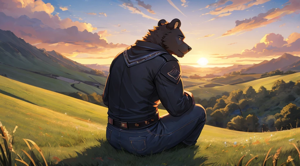 "Masterpiece, Cool Pose, anthro Furry bear, stout fat body, Casual Set, Fierce, Good looking, Smilibg, Breeze wind, Comfortable, Looking To Back, Sitting In Grass, High Ground, Sunset, Hill Background"
