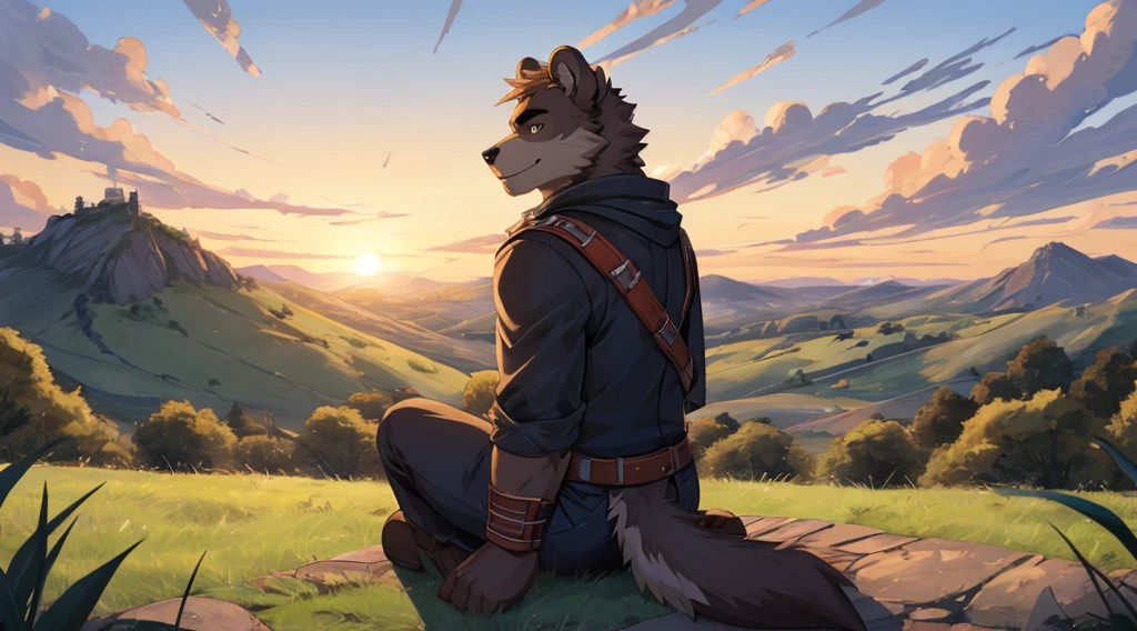 "Masterpiece, Cool Pose, anthro Furry bear, stout fat body, Casual Set, Fierce, Good looking, Smilibg, Breeze wind, Comfortable, Looking To Back, Sitting In Grass, High Ground, Sunset, Hill Background"