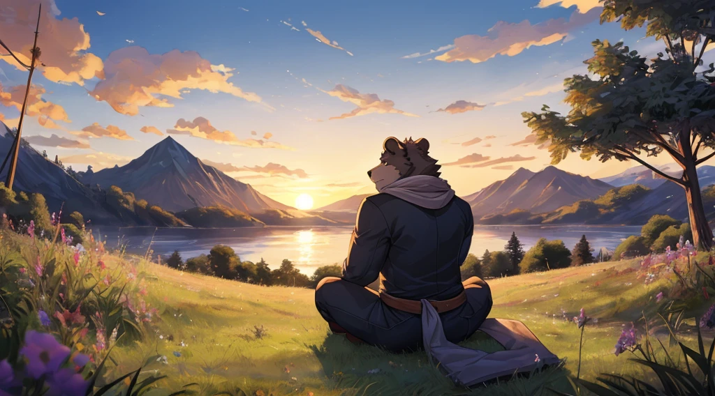 "Masterpiece, Cool Pose, anthro Furry bear, stout fat body, Casual Set, Fierce, Good looking, Smilibg, Breeze wind, Comfortable, Looking To Back, Sitting In Grass, High Ground, Sunset, Hill Background"