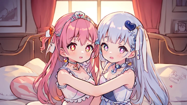 (masterpiece, best quality;1.3), (2girls:1.3),maidennurse, hair accessories, split,Ribbon heart-shaped pupils,hug together,Bandeau dress