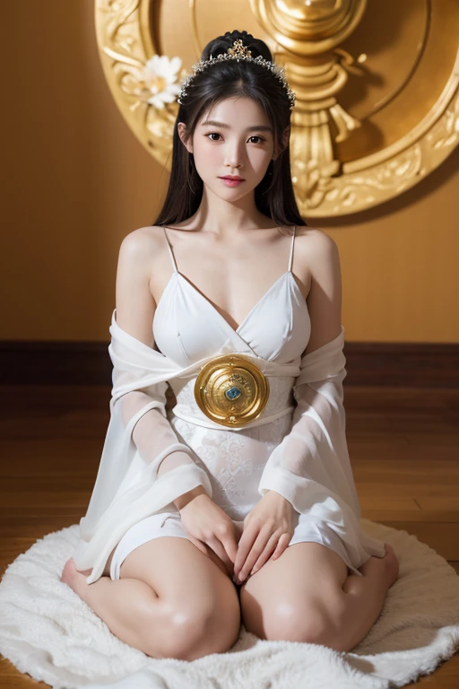 masterpiece,best quality,(studio light:1.2),(incredibly absurdres),(cinematic angle),(Panorama:1.2),meditation,
(Avalokitesvara Bodhisattva, buddism goddess:1.2),1girl,beautiful young girl,shiny eyes,detailed perfect face,evil smile, (The female body，Dress coolly:1.2), (Sit on the white lotus platform:1.3), (Terrible temperament:1.2), (Sit cross-kneeled:1.3), （Realistic picture，Complete body： 1.3）