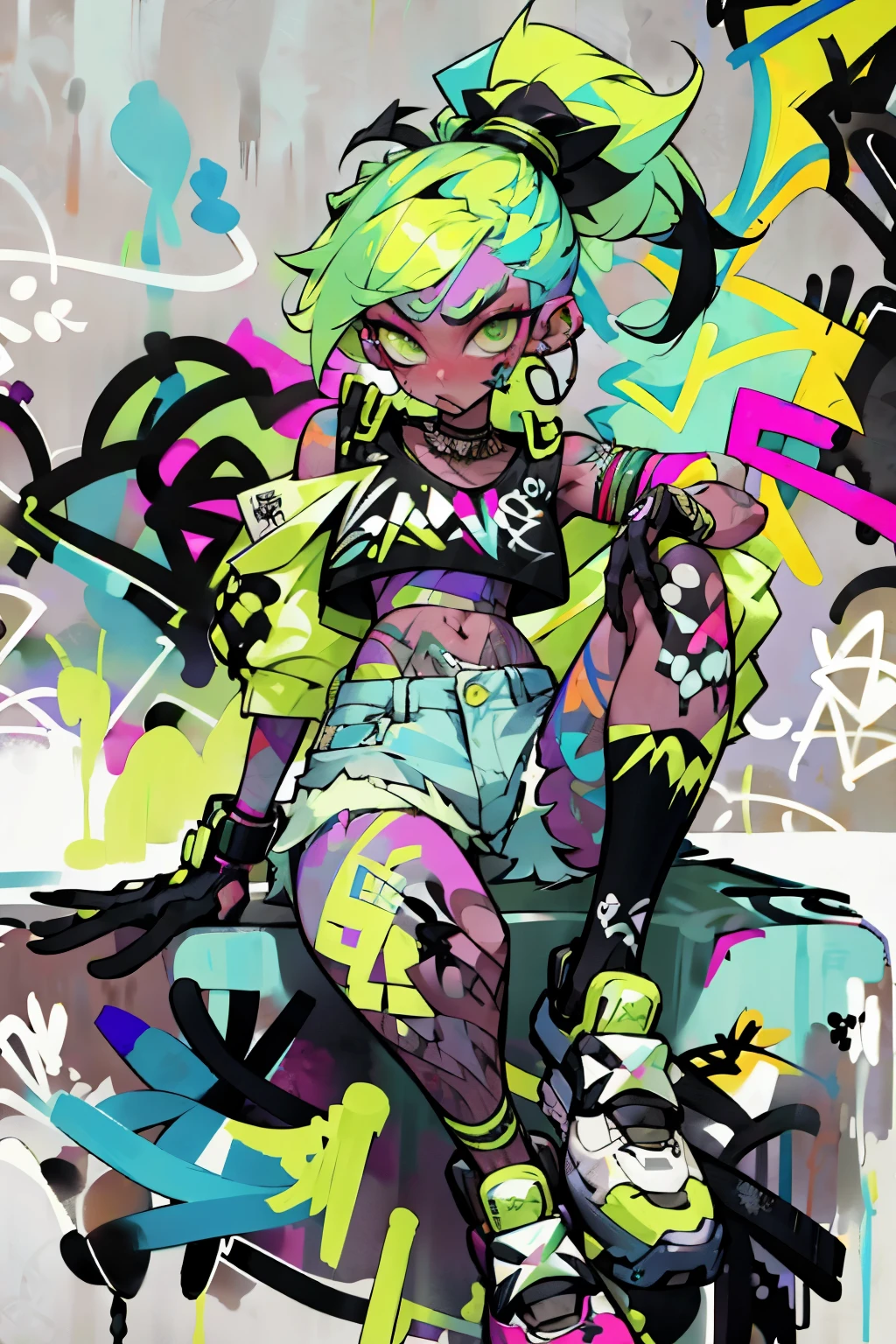 masterpiece, best quality, 1non gender, solo, crop top, denim shorts, choker, (graffiti:1.5), paint splatter, Pastel lime green hair, 1Girl, New Balance Apparel, cool pose, ponytail hair, paint wall background, both arms on back, black gloves, new styles, sit pose, new  poses