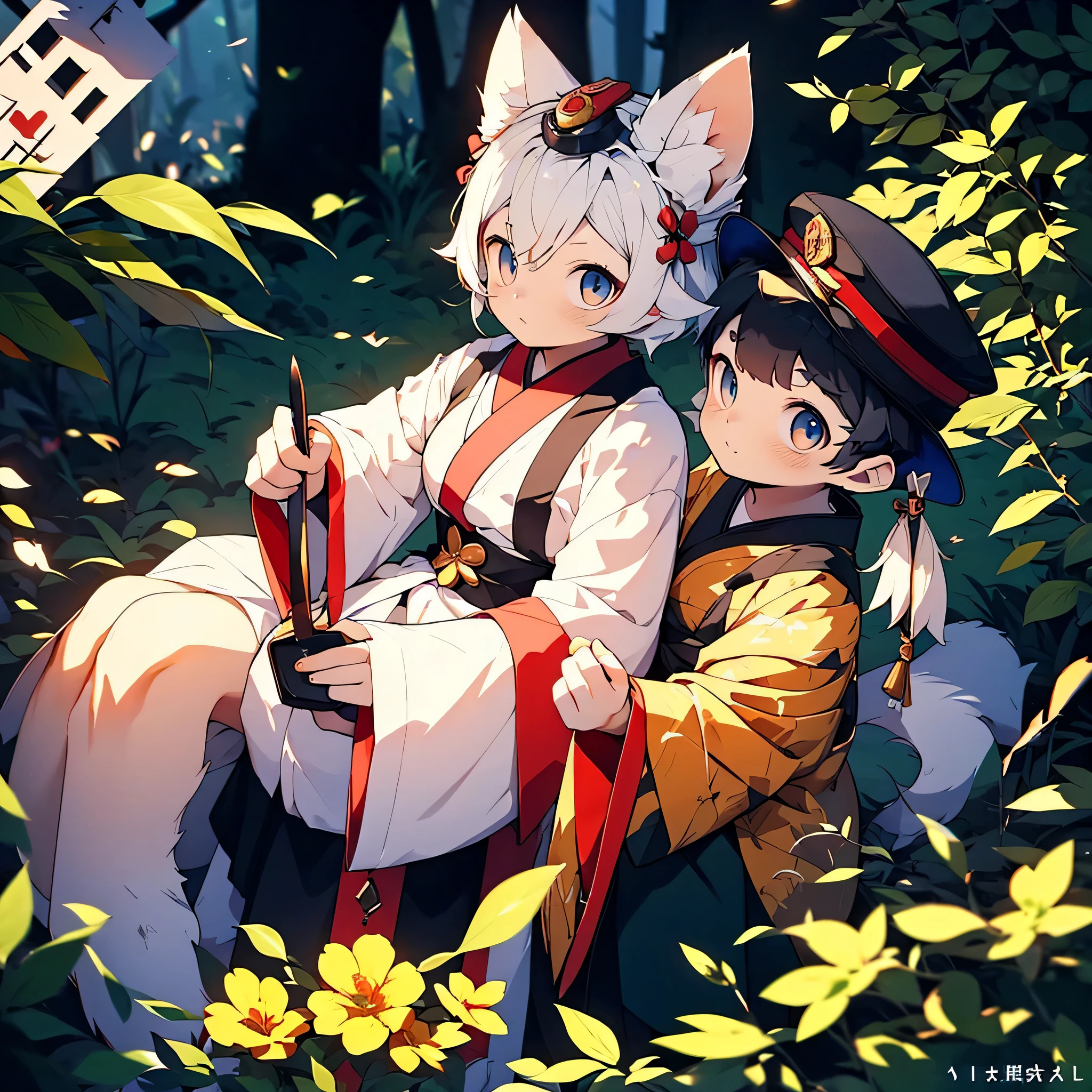 In a picturesque scene, A cute white-furred half-fox elf, Decorated with cute animal ears, Has descended into the mortal world. This adorable creature has shy and playful traits. Nine gorgeous tails sway gracefully behind her, She is the embodiment of innocence and playfulness. To enhance her charm, She is wearing traditional Chinese clothes, Her head is decorated with a bell. In her hands, She either holds a long blade，Or hold an elegant folding fan, Adding a touch of elegance to her overall look. Image quality is critical, With 4K or 8K resolution and outstanding detail, making it a true masterpiece. The art style depicted should aim to capture her captivating presence, Use bright colors and a touch of realism. Complete the scene, Soft lighting illuminates the surroundings beautifully, Emphasize the enchanting aura of this magical half-fox elf.