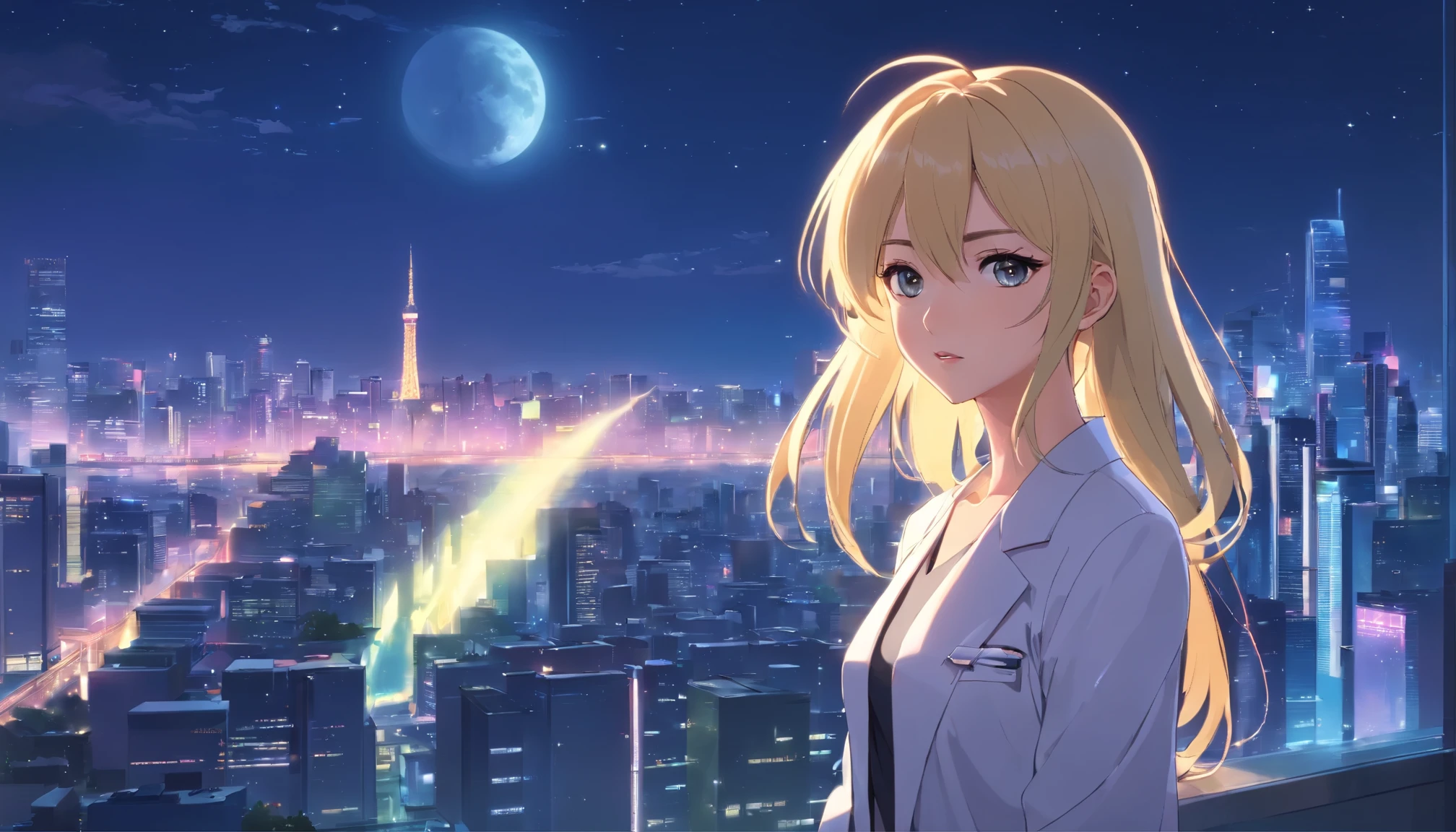 master piece, Highest quality, full body, (focus alone), (perfect face:1.1), (highest detail:1.1), (hyper detailed eyes), dramatic, (1 face:0.5), (pale skin), long blonde hair, eyes ethereal, (light eyebrows), alone, long hair, Jordan Barrett, moon, Night, white luxury suit, covered navel, pouty lips, skin, proud expression, FUTURISTIC CITY, Detailed background, Art by Artgerm, Cinematic lighting, roses, fashion, BalenciagaStyle