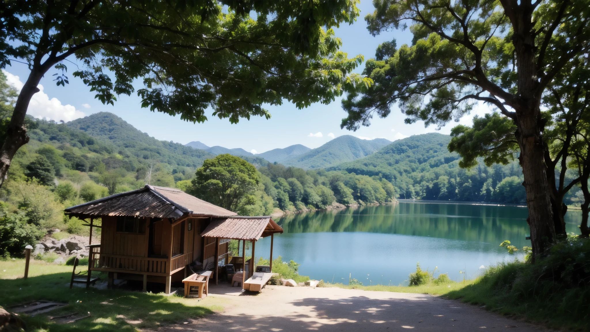 "Create an ultra-realistic image of a small hut crafted from coconut leaves, nestled beside a peaceful lake in the heart of an Indian village jungle. Showcase meticulous details of the hut's construction, surrounded by a pathway formed with large stones leading to the water, ensuring a true-to-life representation of this serene rural scene."