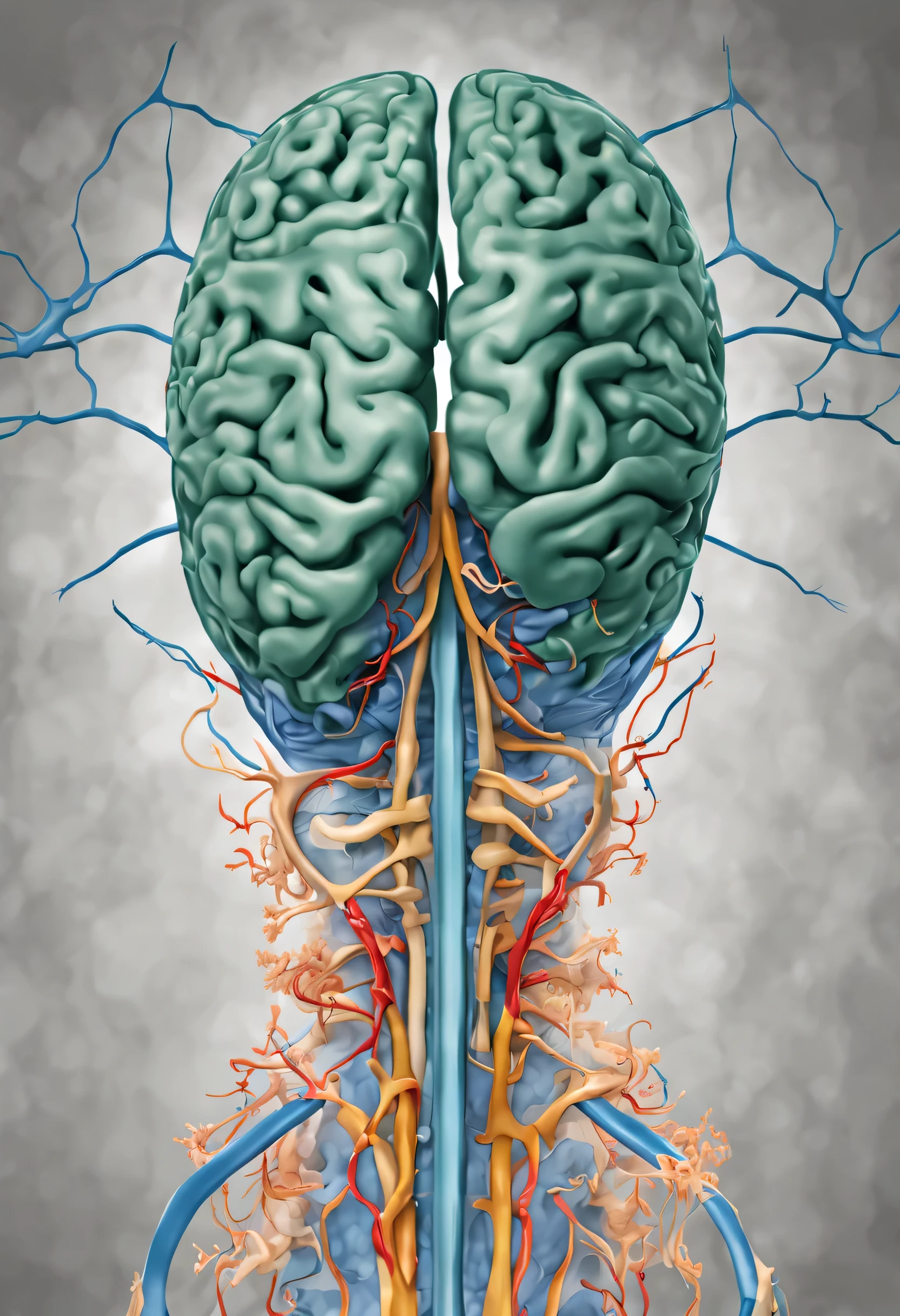 Connection between the brain and large intestine、CT image、nerve transmission、front、woman、gray background、background bokeh、High resolution、8K、High resolution、realistic photo images、medical textbook、radiological image、mri portrait、Structure of dopamine、course、monochromatic、green、green、illumination。Blood vessel、neurons、suppress、Neural circuits、medical illustrated book、Medical subjects、permeance、cg、Technical Illustration