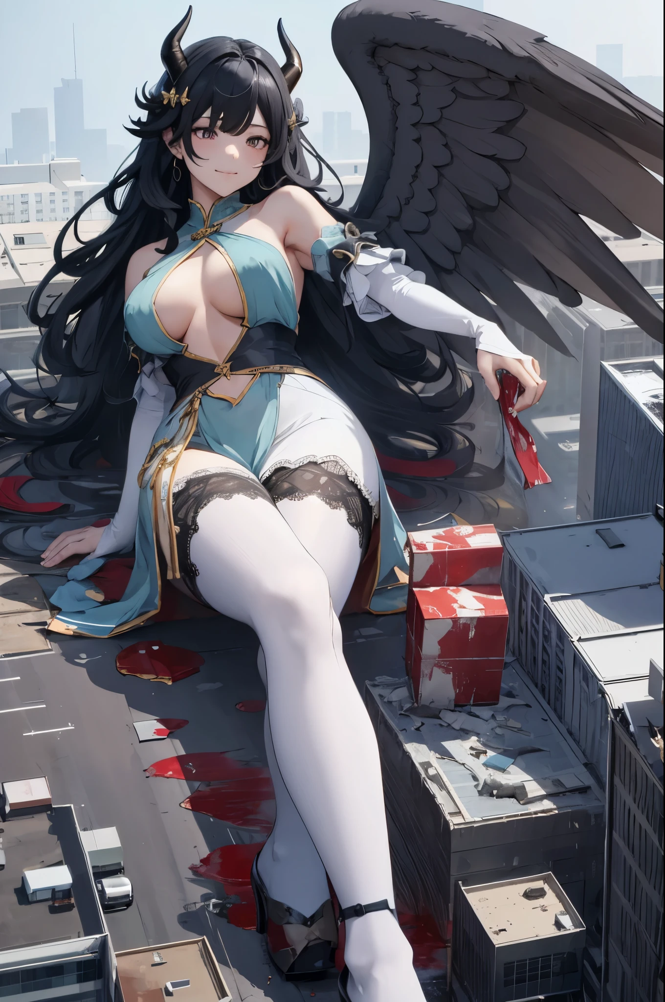 Aerial View，giant girl 50,000 feet high，Have a pair of long legs，Has a pair of huge angel wings，With huge devil horns on his head，Has waist-length black hair，loose hair，Wearing a pair of Mary Jane heels，Big wavy black curls，lace gloves，lace pantyhose，蕾丝whole body，leaning upright on a tall building，城市到处是blood stains，Beautiful appearance，Exquisite makeup，quality，8k，高quality，(governor:1.5)，Perfect proportion, Cinema lighting，film grain，Fuji colors，8k，textured skin，Super details，high detail，high resolution，explode，fake smile，blood stains，脚底有blood stains，whole body，Fat stature