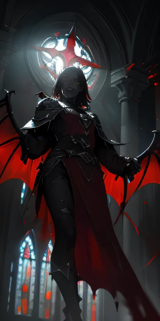 low angle, from below, paladin vampire warrior, legwear, glowing yellow eyes, collar, barefoot, demonic wings, pauldrons, halo, eye focus, red cape, temple indoors, decorations, stained glass windows, night, particles, chromatic aberration, detailed, cinematic, dark scene, fantasy, blood splatter, bloodstains, ominous dark red colors