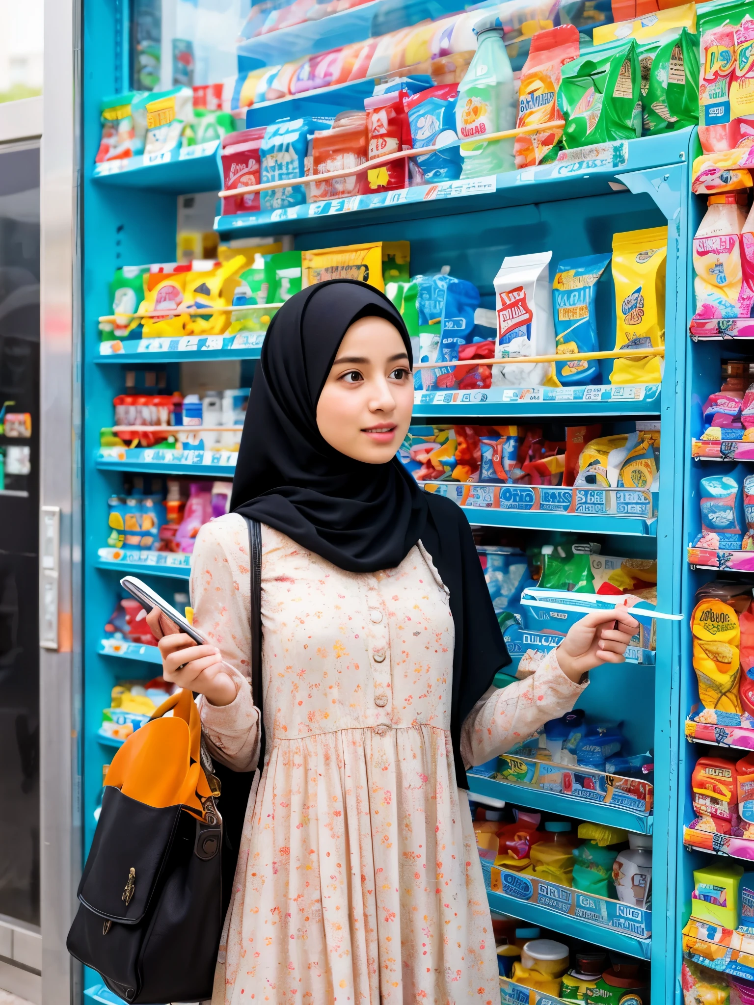 hijab, dress, vending machine