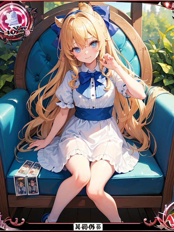 photo realistic, (masterpiece,best quality:1.4),(8k,raw photo,photo realistic:1.2), detailed skin, detailed face,1girl,Japanese idol,cute face, little girl, Not Safe for Work, (raw photo, photo realistic: 1.2), 1 girl in, length hair, blue eyes, blonde hair, light smile, ((shiny wavy hair)), diadems, sitting on, A pose where can you be seen from below, doress, the bow, the card, gothic dresses, shairband, playing cards, looking at the viewers, shortsleeves, the bow hair, blue shairband, a smile, red blush, hand on own face , Blue Doress, Alice (Alice in Wonderland), Hair Between Eyes, A Chair, White Panties Hose, ((Blue the Bow)), A Throne, Puffy Sleeves, Put Your Hand on Your Cheek, Bangss, Apron Dress, shortsleeves, ((Blue bow ribbon)), long hair, (mini crown), foot out of frame, frilld, white gothic dresses,: q, masterpiece, top-quality, (worn skirt, twat, camel's toe)), not safe for work, Little Girl, child, 14 yo, braided bangs, (((trading card))), clock, wonderland, movement,