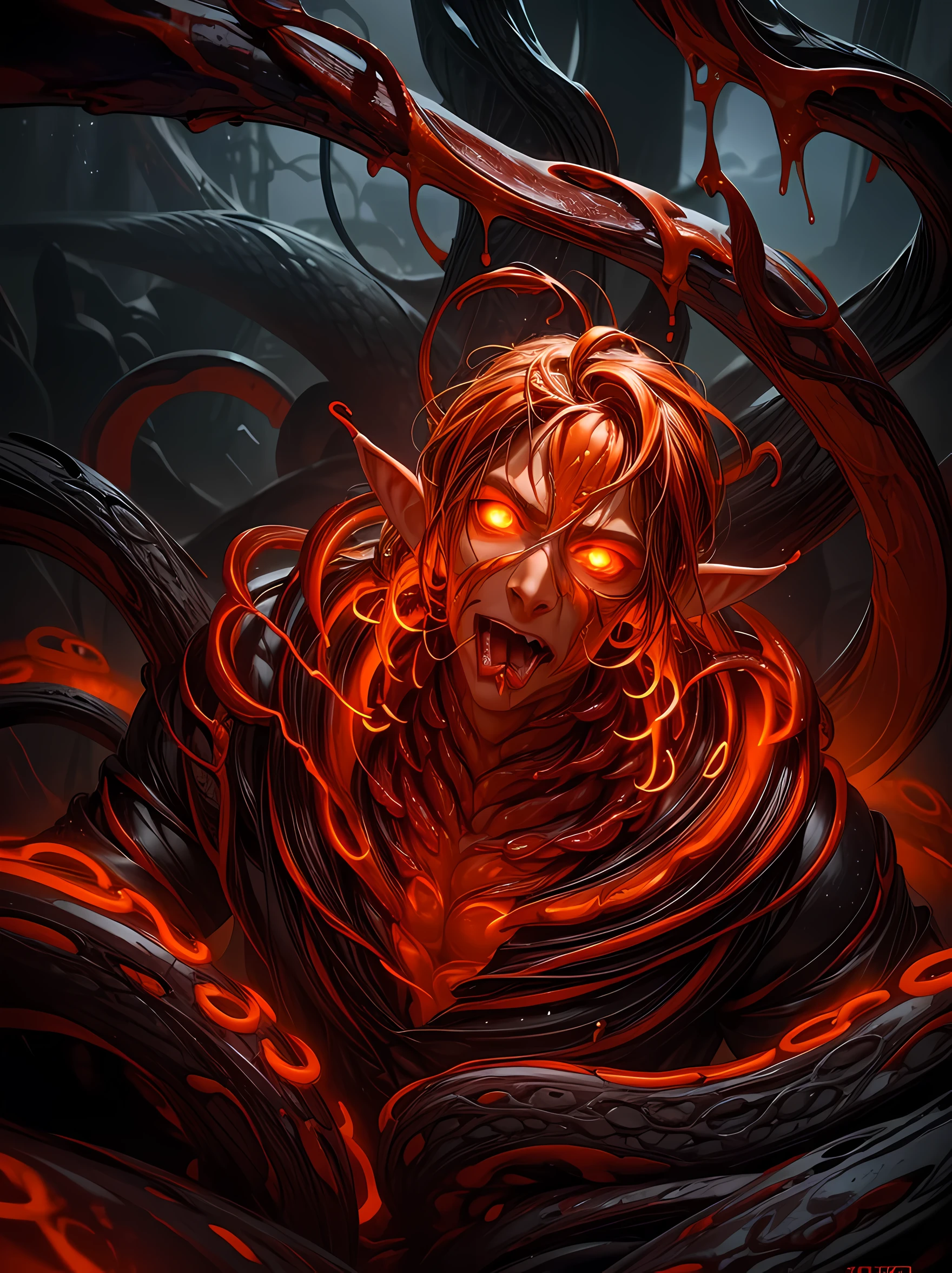 Top quality, Photorealistic, (((16k))), High Definition, Unity 8K wallpaper, high res, ultra sharp, masterpiece, ((masterpiece)), best quality, expressive eyes, perfect face, Super eyes, masterpiece, highly detailed exquisite character art, epic fantasy digital art style, detailed digital 3D fantasy art, (((Natural Lighting))) (((Portrait))) (((extreme long-shot))) ultra-realistic, god of tentacles, elf ears, long tongue, sexy tentacles, tentacle humanoid man, humanoid bodybuilder, pecs, glowing, god rays, wet, coiled, forced, entangled, (((orange neon skin))), blood red slimy tentacles, lava, liquid lava wet, monsters,