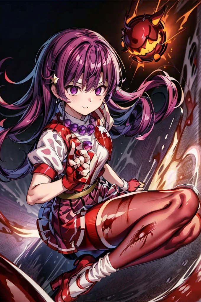 (masterpiece)、(highest quality)、(super detailed)、intricate details、athena 97、(1 girl)、solo、purple eyes、purple hair、hair length、white earrings、red hair band、star hair ornament、Medium breathing、red vest、white turtleneck、White Puff Sleeves、short sleeve、red pleated skirt、(Crimson pantyhose:1.2)、black pantyhose、yellow belt、purple spherical necklace、red fingerless gloves、white short socks、red shoes、evil smile、NSFW、、anime style、(Blood on the face:1.4)、(combat readiness:1.6)、hypnorolla、
empty eyes,full body figure