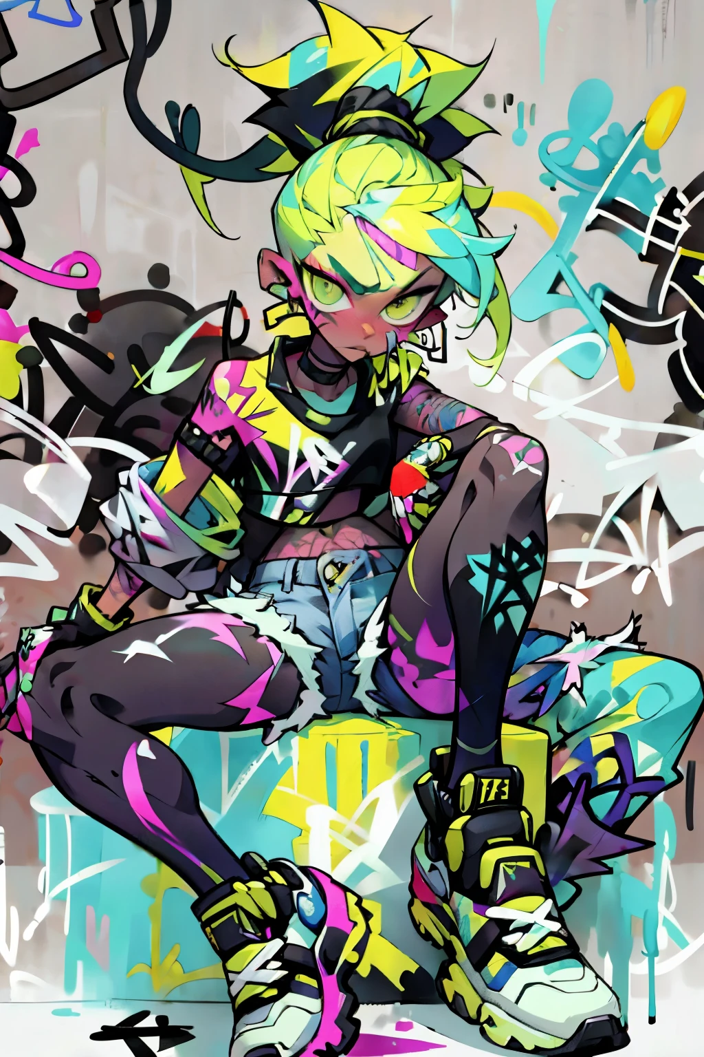 masterpiece, best quality, 1non gender, solo, crop top, denim shorts, choker, (graffiti:1.5), paint splatter, Pastel lime green hair, 1Girl, New Balance Apparel, cool pose, ponytail hair, paint wall background, both arms on back, black gloves, new styles, sit pose, new  poses