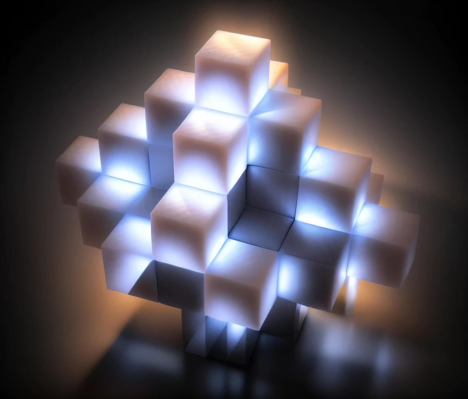 a close up of a bunch of cubes on a gray surface, Fractal 3D structure, ambient occlusion:3, ambient occlusion render, cubes, greeble texture, an ambient occlusion render, Geometric 3d rendering, Geometric 3d rendering, infinite fractal tesseract, satisfying render, greeble, ambient occlusion, voxel lat ，There is light