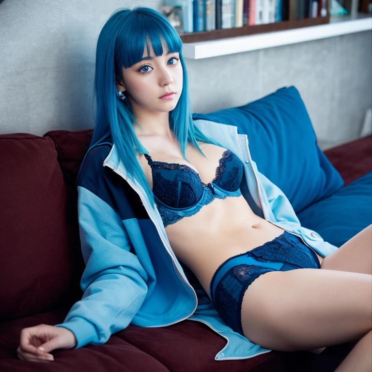 1girls, realistic, crossed legs, blue hair, black eyes, jacket, underwear