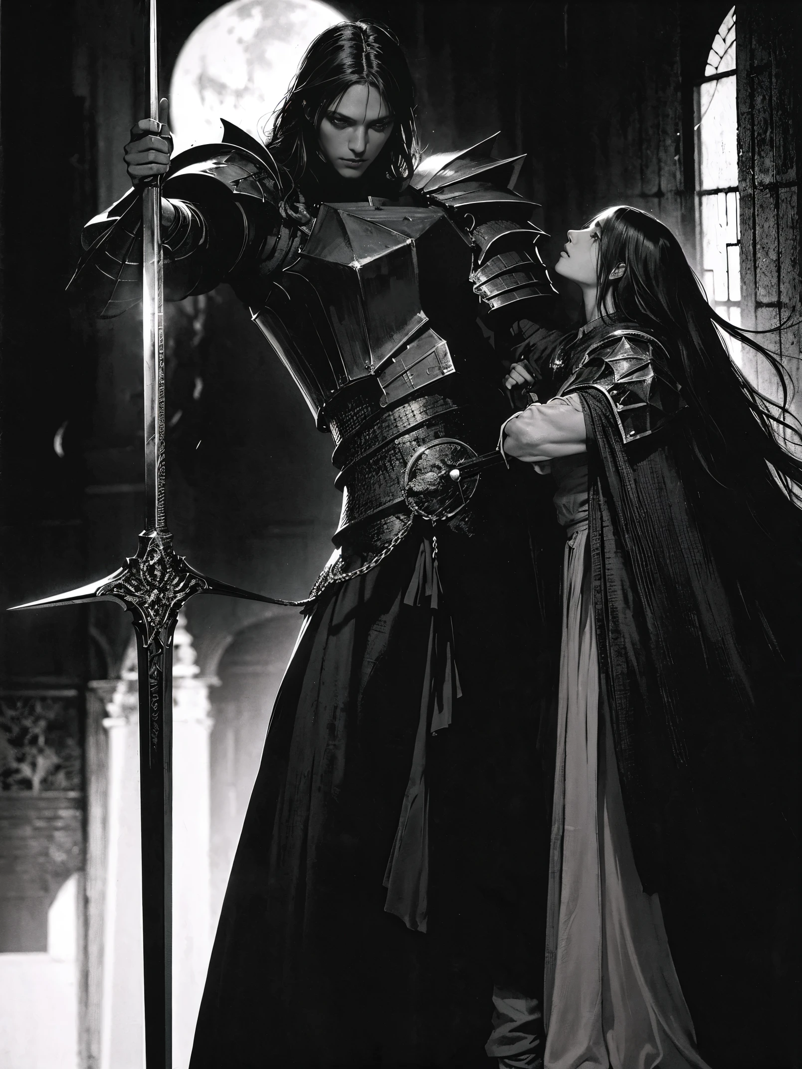 highres,[manga style,anime style],knight dark figure,sword,moonlight,heavy armor,intense eyes,contrasting shadows,sharp details,dramatic pose,ethereal background,mystical atmosphere,vibrant colors,comic book aesthetics,expressive lines,action-packed scene,heroic silhouette,dynamic composition