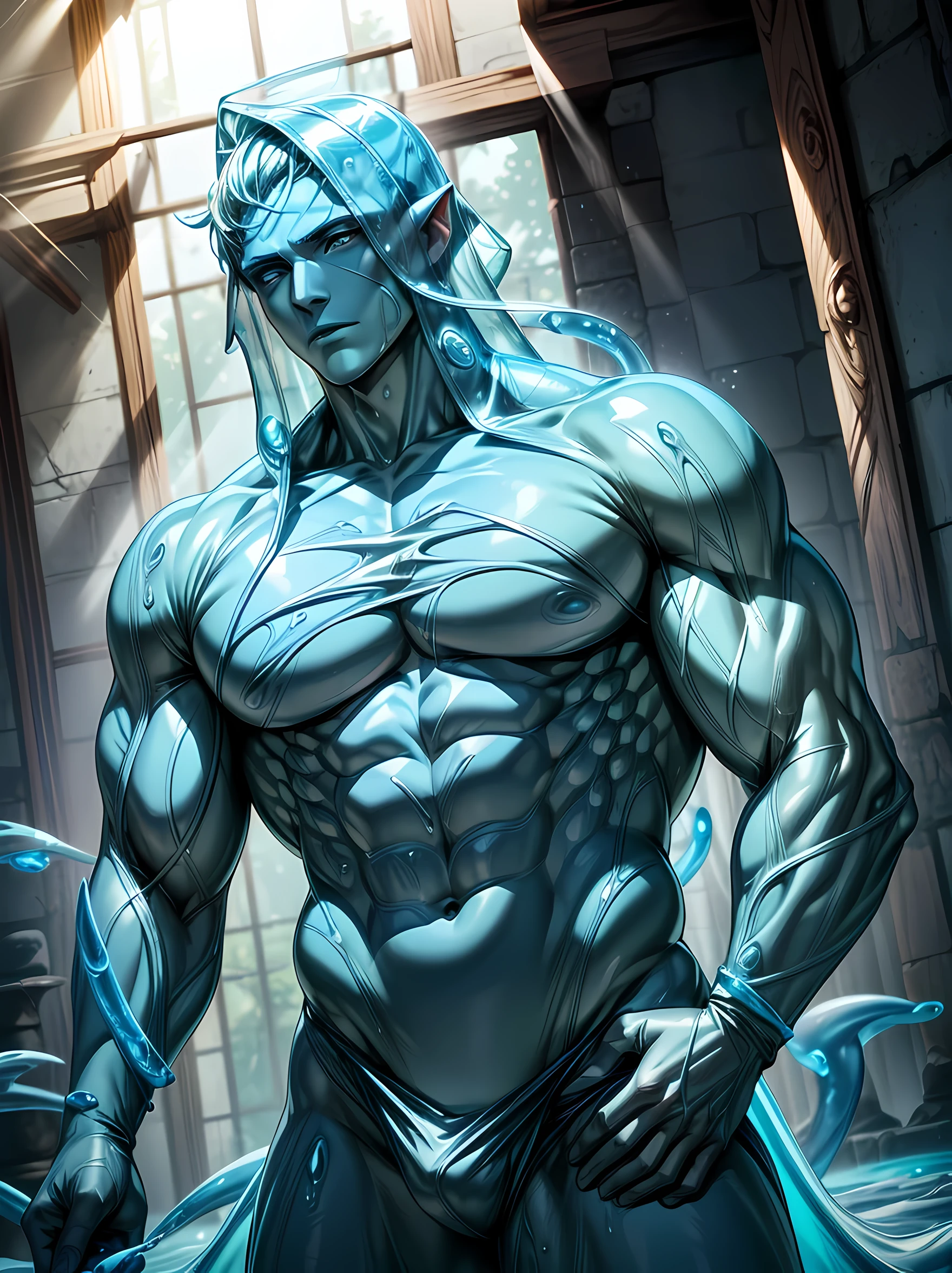 Top quality, Photorealistic, 16K, High Definition, Unity 16K wallpaper, high res, ultra sharp, masterpiece, ((masterpiece)), best quality, expressive eyes, perfect face, Super eyes, masterpiece, highly detailed exquisite character art, epic fantasy digital art style, detailed digital 3D fantasy art, ultra-realistic, male, male chubby slime body, slime male, (((natural light))) large slime, plumped pectorals, flat crotch, transparent skin, teal blushing, slimy skin, liquid slime male, white blushing, ((alpha male)), dominate, alpha, Neon ((Blue skin Slime Body)) soaked, liquid, tendrils, light blue sticky slime, thighs, Slime covered slime body, slime cloak, ((slime tentacles)), gay, yaoi, male slime man, slime bodybuilder, masculine, ((reflective skin)) ((glowing)) (((God Rays))), slimes, translucent skin, water drop, bubble,