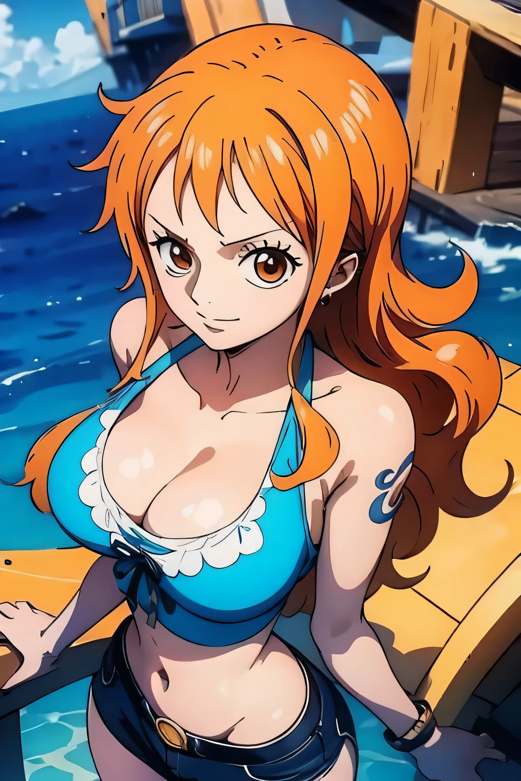 Nami One Piece One Piece Full Body Detailed Eyes Standing on Magic Circle, Lindo, Front position looking at the camera High definition 4k HDR image quality