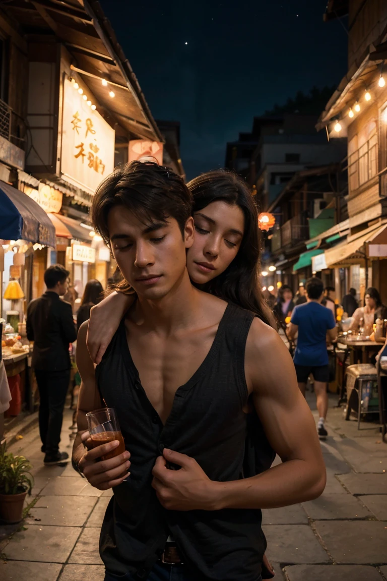 draw for me : A young man is carrying a sleeping and drank beautyful lady on his back. In the alley of a very beautiful and peaceful night market places , there is a "Dream House Hotel"sign with a colorful girl on it.best ditails and ,8k resolution image. realistic and fantasy photography.