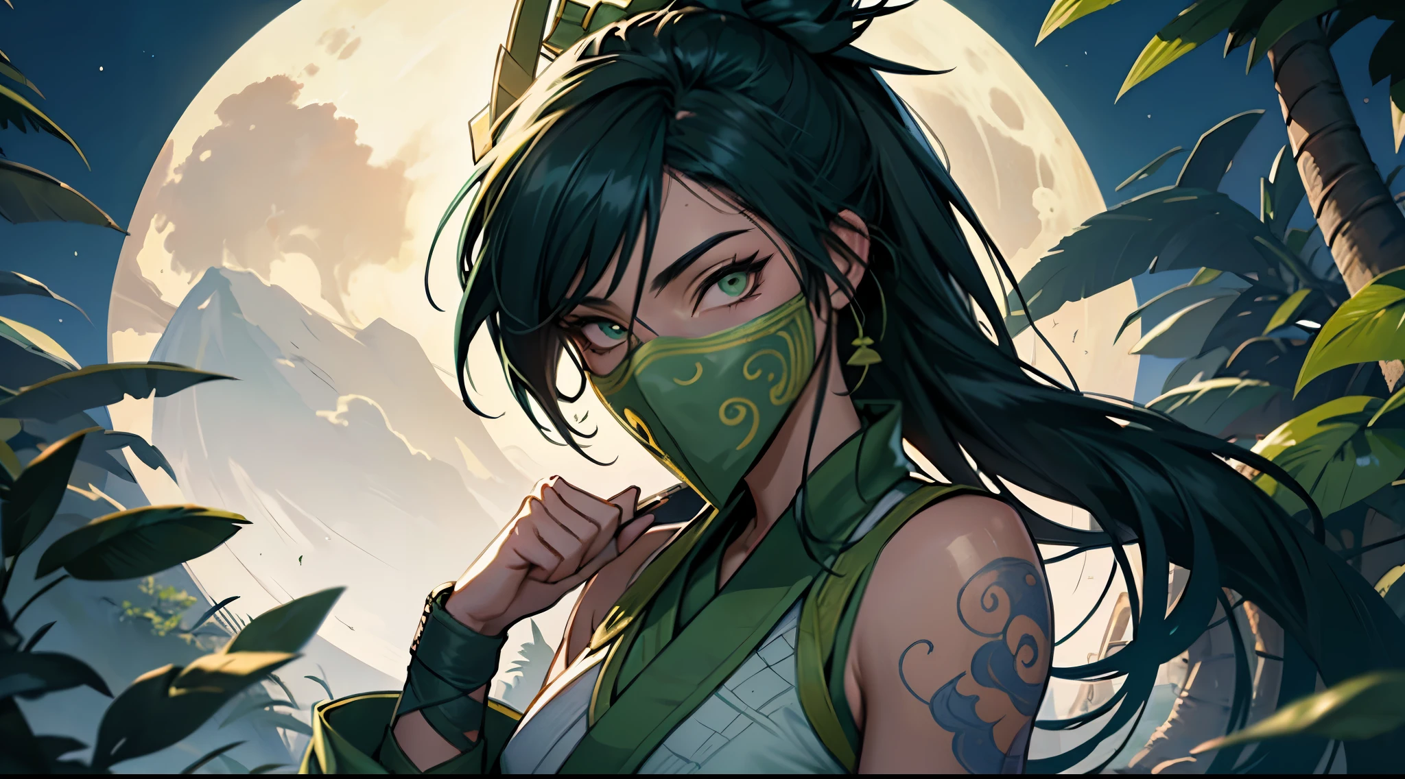 Criar uma imagem da personagem akali do jogo league of legends, descansando ao lado de uma cerejeira, ao fundo da imagem uma lua sendo coberta pela neblina , vila oriental, Templo Oriental . (Akali) (A mais alta qualidade) (efeitos epicos)