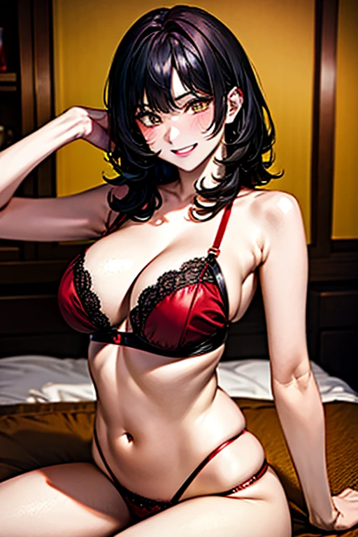 Black hair, yellow eyes,large breast, red lingerie, red underwear, red bra, sexy, smile, a hotel bedroom