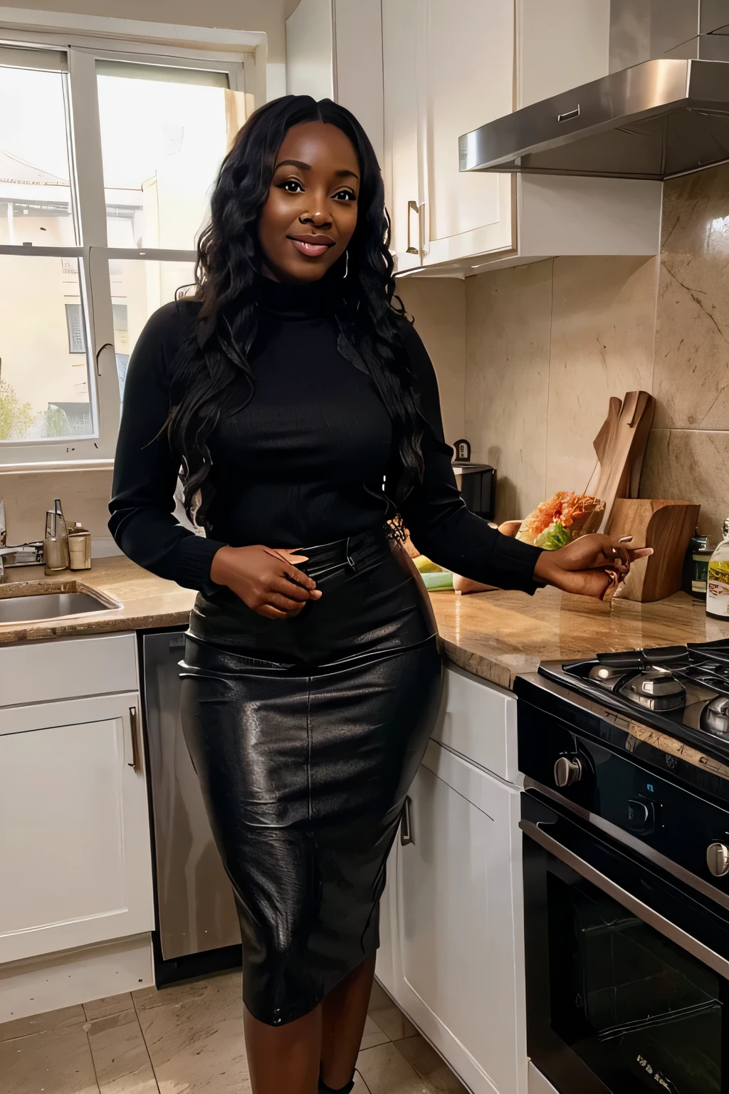 a dark skin African influencer aged 40 with curly long black hair a radiant dark complexion ,wearing winter clothing , highlighting her slightly slender African curves and with the face of an angel, cooking food in kitchen at home