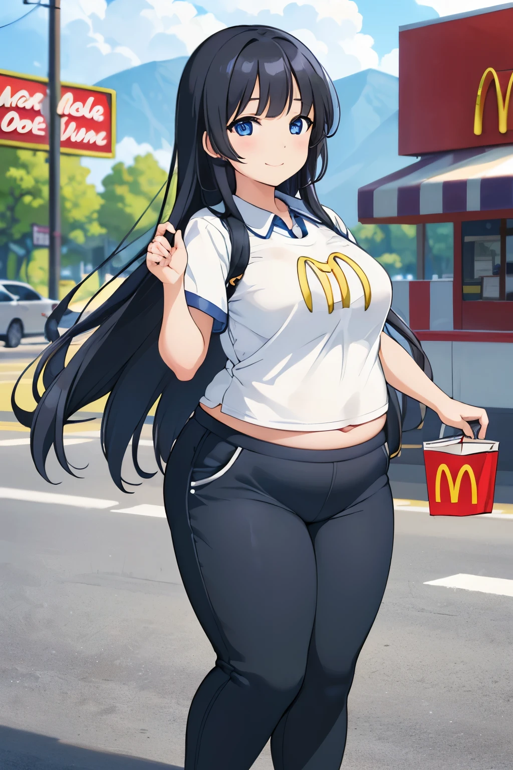 (best quality, masterpiece:1.2), 1girl, solo, cute, smile,  detailed background, (looking at viewer, solo focus:1.2), ((fast food restaurant)), depth of field, scenery, closed mouth, selling burgers, long hair, hair ribbon, blue eyes, black hair, straight hair, hot, sweating, sweaty, ((mcdonald's uniform)), black pants, (obesity:1.4), ((wide hips)), fat ass, wide figure, (Bottom Heavy:1.3), ((fat folds)), ((chubby, fat arms)), (fat rolls, wide belly:1.2),