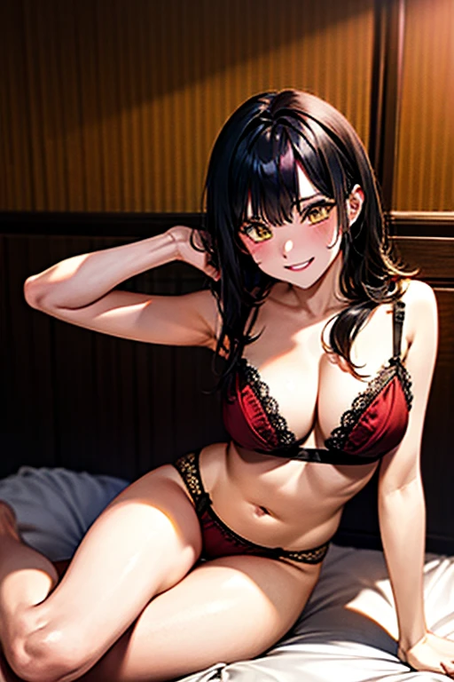 Black hair, yellow eyes,large breast, red lingerie, red underwear, red bra, sexy, smile, a hotel bedroom