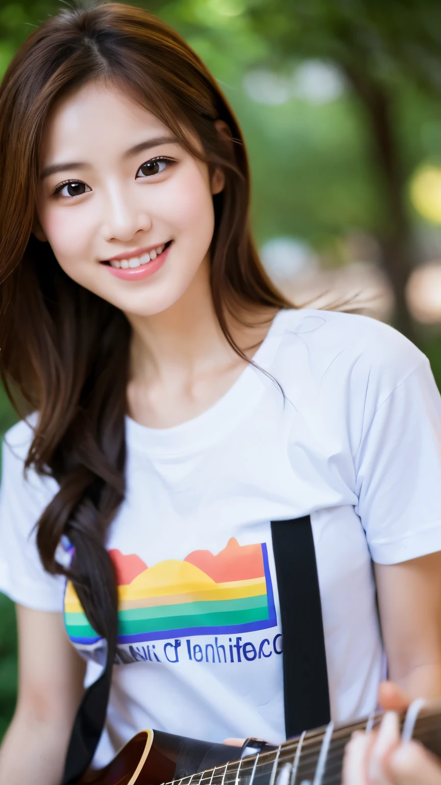 UHD, Extreme close-up of cute Korean female,Chest size 32 inches, ponytail, gray eyes, slightly smile, wearing t-shirt, playing guitar, blurred background