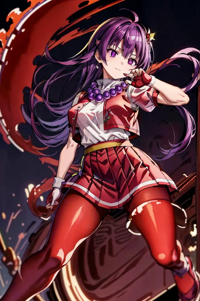 (masterpiece)、(highest quality)、(super detailed)、 perfect antomy,、intricate details、athena 97、(1 girl)、solo、purple eyes、purple hair、hair length、white earrings、red hair band、star hair ornament、Medium breathing、red vest、white turtleneck、White Puff Sleeves、short sleeve、red pleated skirt、(Crimson pantyhose:1.2)、black pantyhose、yellow belt、purple spherical necklace、red fingerless gloves、white short socks、red shoes、evil smile、NSFW、、anime style、(Blood on the face:1.4)、(combat readiness:1.6)、hypnorolla、
empty eyes,full body figure