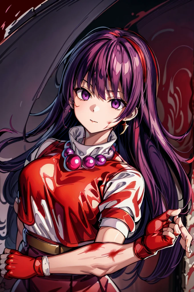 (masterpiece)、(highest quality)、(super detailed)、 perfect antomy,、intricate details、athena 97、(1 girl)、solo、purple eyes、purple hair、hair length、white earrings、red hair band、star hair ornament、Medium breathing、red vest、white turtleneck、White Puff Sleeves、short sleeve、red pleated skirt、(Crimson pantyhose:1.2)、black pantyhose、yellow belt、purple spherical necklace、red fingerless gloves、white short socks、red shoes、evil smile、NSFW、、anime style、(Blood on the face:1.4)、(combat readiness:1.6)、hypnorolla、
empty eyes,full body figure