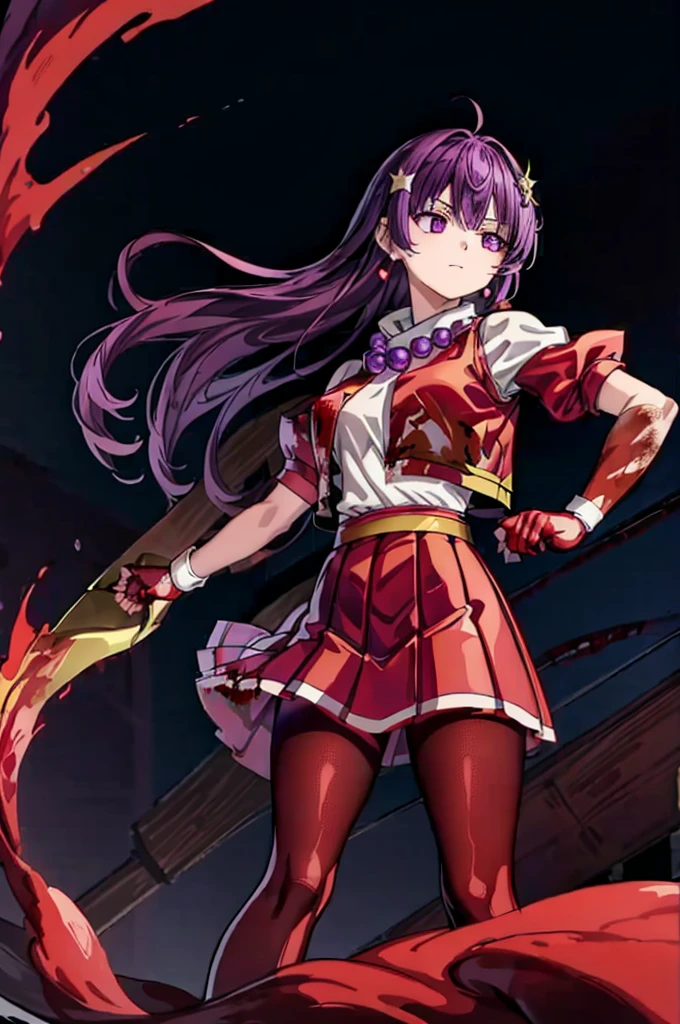 (masterpiece)、(highest quality)、(super detailed)、 perfect antomy,、intricate details、athena 97、(1 girl)、solo、purple eyes、purple hair、hair length、white earrings、red hair band、star hair ornament、Medium breathing、red vest、white turtleneck、White Puff Sleeves、short sleeve、red pleated skirt、(Crimson pantyhose:1.2)、black pantyhose、yellow belt、purple spherical necklace、red fingerless gloves、white short socks、red shoes、evil smile、NSFW、、anime style、(Blood on the face:1.4)、(combat readiness:1.6)、hypnorolla、
empty eyes,full body figure
