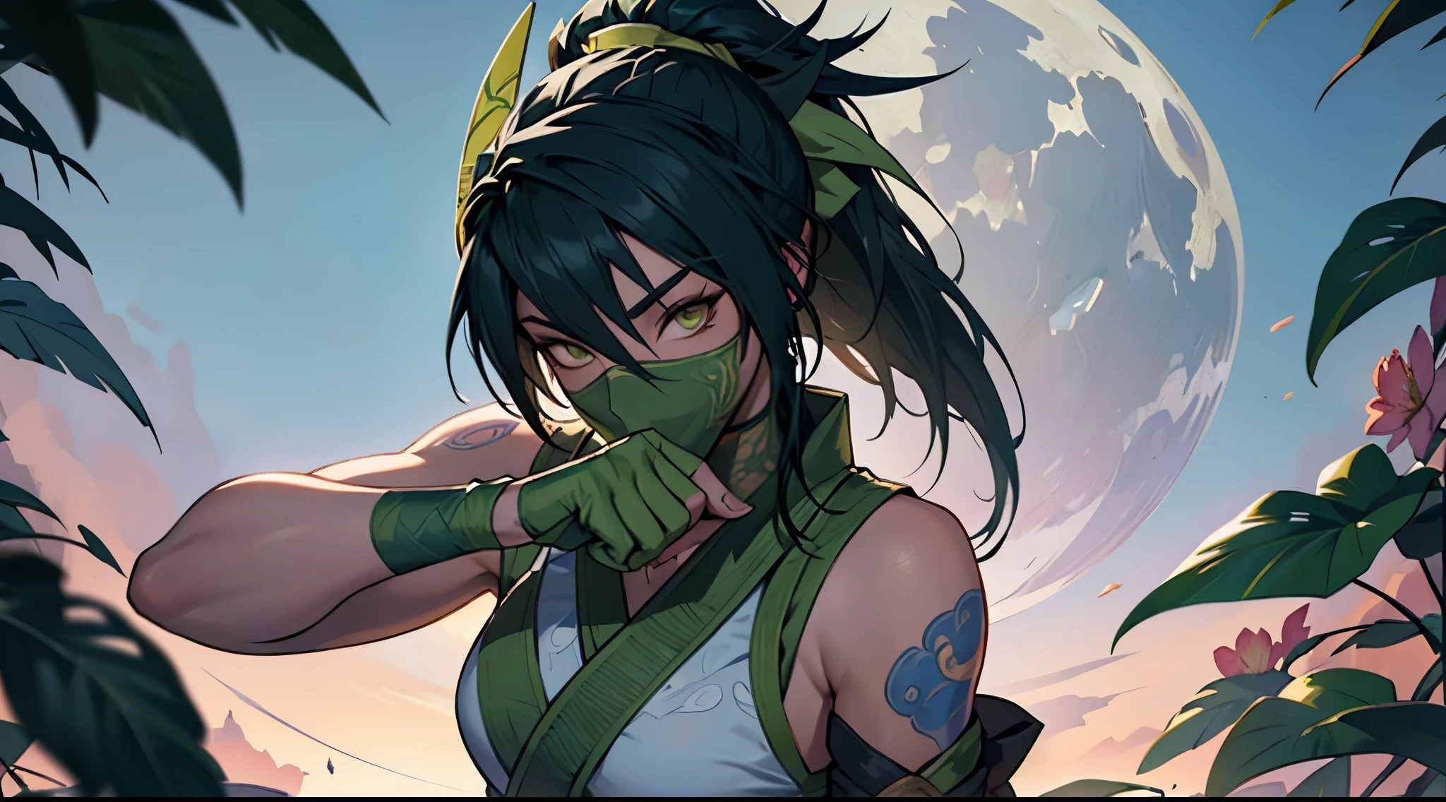 Criar uma imagem da personagem akali do jogo league of legends, descansando ao lado de uma cerejeira, ao fundo da imagem uma lua sendo coberta pela neblina , vila oriental, Templo Oriental . (Akali) (A mais alta qualidade) (efeitos epicos)