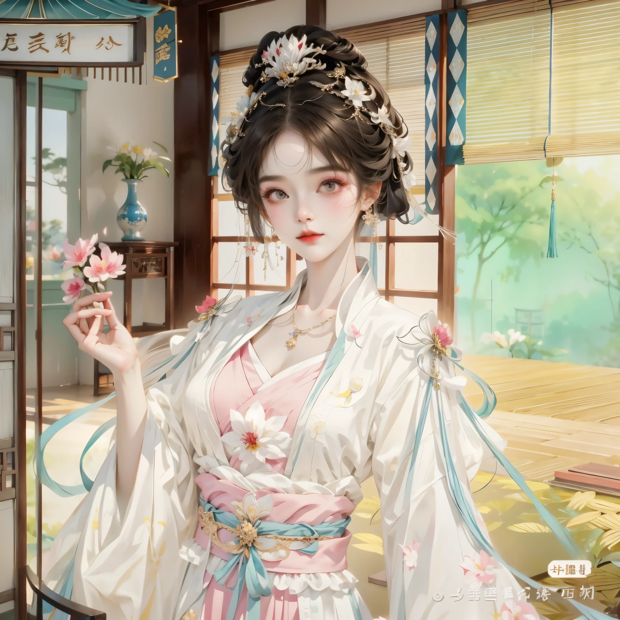 Anime girl in kimono holding a flower in the room, palace , A girl wearing Hanfu, ((beautiful fantasy queen)), chinese princess, beautiful fantasy queen, Beautiful rendering of the Tang Dynasty, Inspired by Ma Yuanyu, 8k)), wearing chinese clothes, Hungry Ghost Festival, white hanfu, hanfu