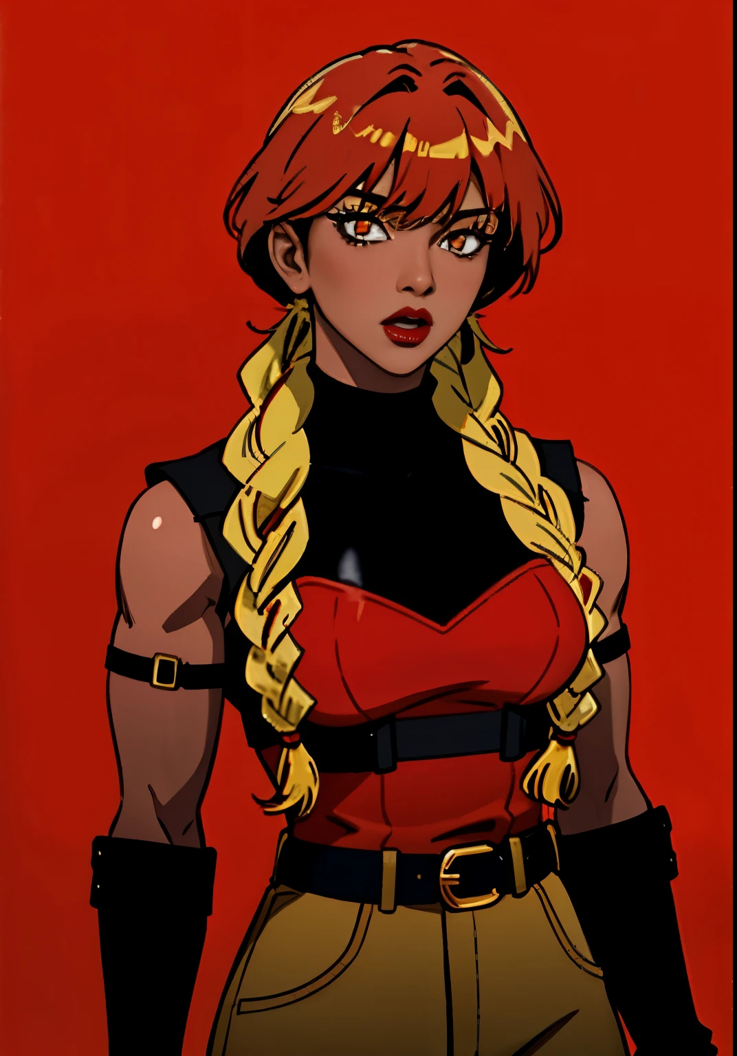 1girl, Orange hair, solo, short hair, gold eyes, multicolored hair, twin_low_braids, looking at viewer, black gloves, red hair, red background, streaked hair, red lips, muscular, dark skin, bangs,red theme,bad-girl, large breasts,shiny skin,(mature female), cowboy shot
