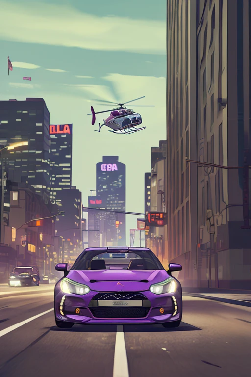 (GTA art, gtav style:1.2), citroen ds3 purple, underground racing, Starting line, starting point, cara, helicopter, (Motion Blur), (best composition), poster style, enhance, intricate, (best quality, masterpiece, Representative work, official art, Professional, unity 8k wallpaper:1.3)