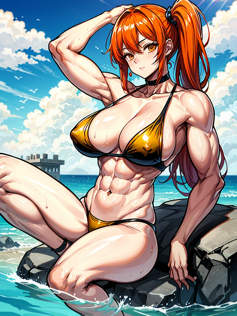 （（（masterpiece、Highest image quality、highest quality、highly detailed unity 8ｋwallpaper）））、（（Illustration of one girl））、（（（beautiful girl）））、（（orange hair、side ponytail、sidelocks：1.3、orange eyes））、（（（stocky build：1.2, thickset physique：1.3, muscular legs, broad shoulders：1.3, solid chest：1.2）））、swimsuit、sandy beach