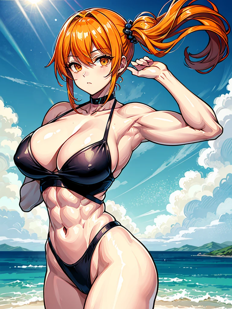 (((masterpiece、Highest image quality、highest quality、highly detailed unity 8kwallpaper)))、((Illustration of one girl))、(((beautiful girl)))、((orange hair、side ponytail、sidelocks:1.3、orange eyes))、(((stocky build:1.2, thickset physique:1.3, muscular legs, broad shoulders:1.3, solid chest:1.2)))、swimsuit、sandy beach