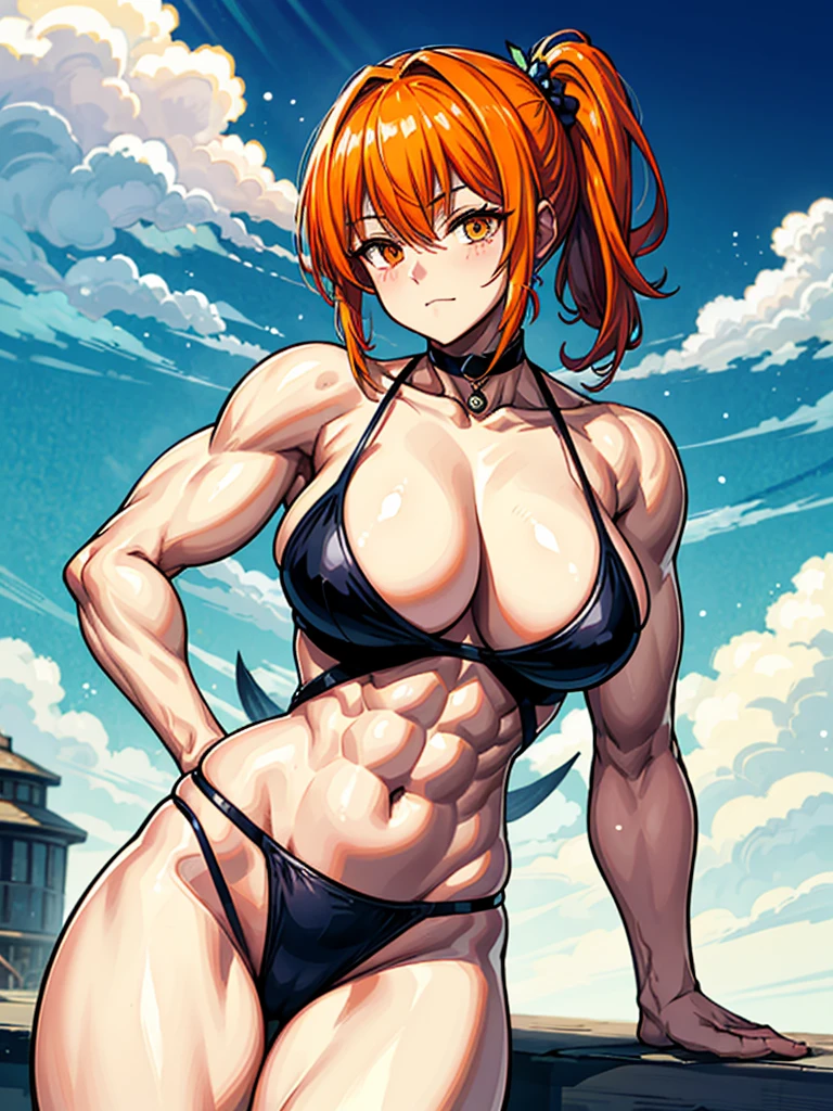 (((masterpiece、Highest image quality、highest quality、highly detailed unity 8kwallpaper)))、((Illustration of one girl))、(((beautiful girl)))、((orange hair、side ponytail、sidelocks:1.3、orange eyes))、(((stocky build:1.2, thickset physique:1.3, muscular legs, broad shoulders:1.3, solid chest:1.2)))、swimsuit、sandy beach